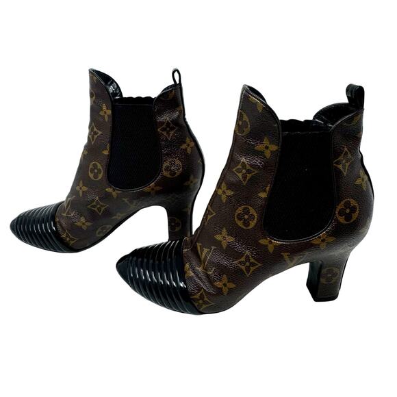 Louis Vuitton Monogram Revival Ankle Boots Size 37 Brown Logo Leather Block Heel - Picture 3 of 8